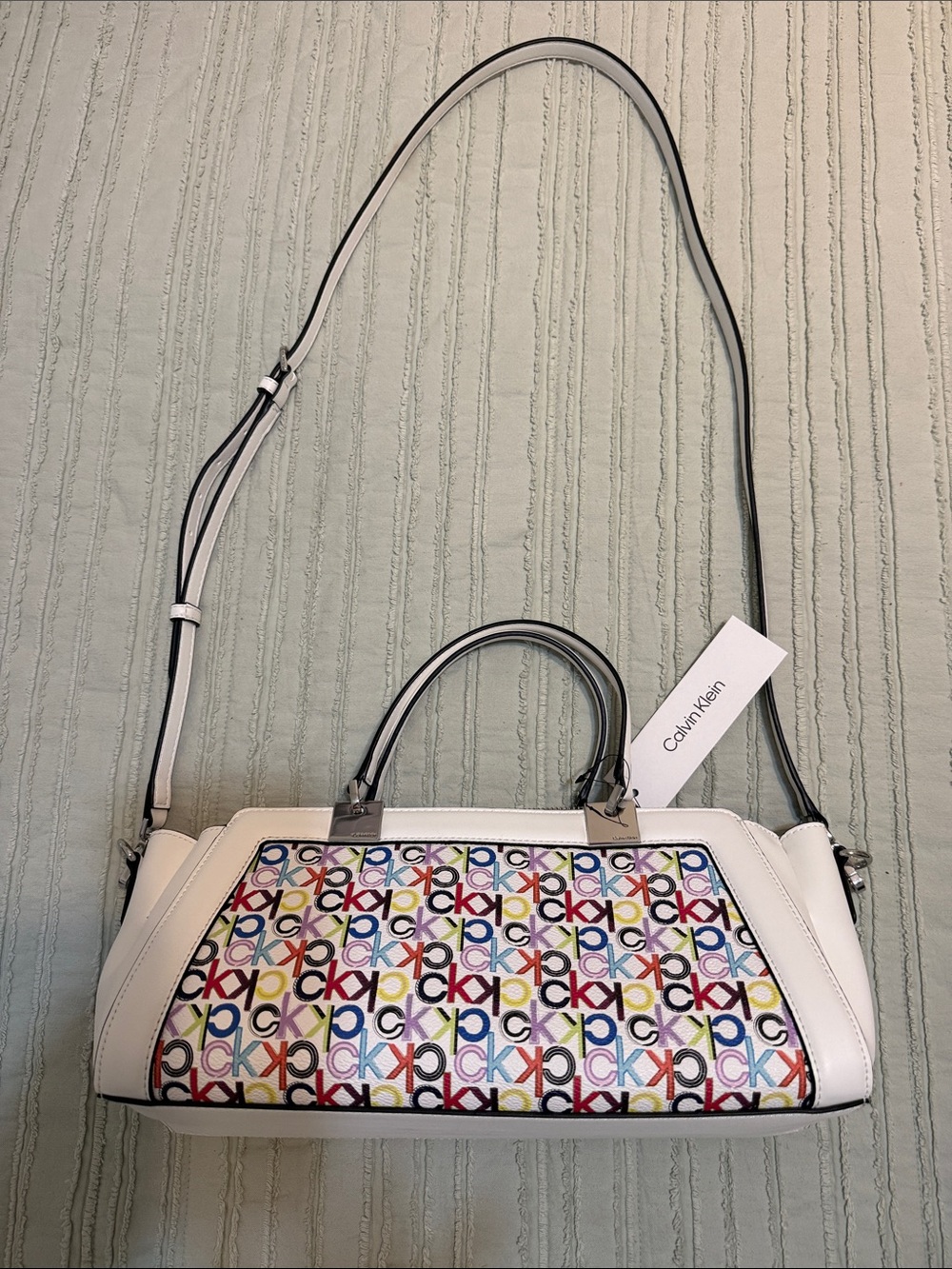 Calvin Klein White Bag with Multicolor CK Monogram Panel